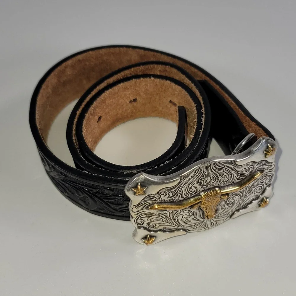 Tony Lama Youth Black Tooled Leather Western Belt Gold Longhorn Buckle Size 24